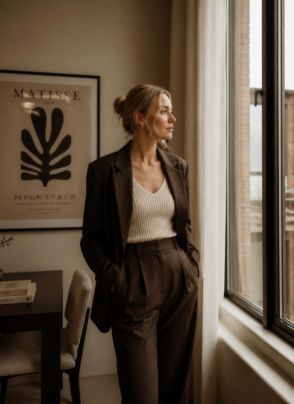 Kandidaat bij New Talent, kijkend naar buiten in een licht interieur